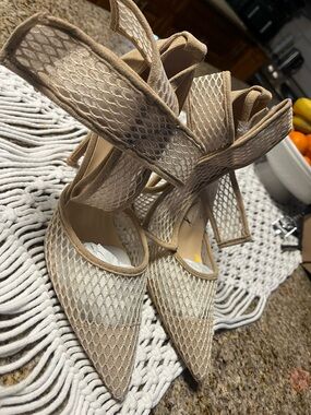 Pointed Mesh Ankle-Strap Heels in Beige